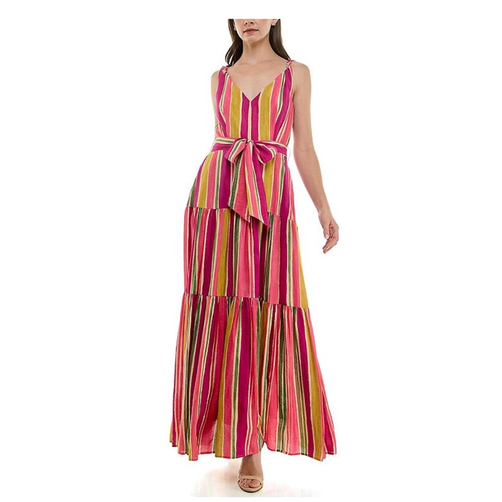 Taylor Pink Stripe V Neck Tired Multicolor Maxi Dress 8 NWT